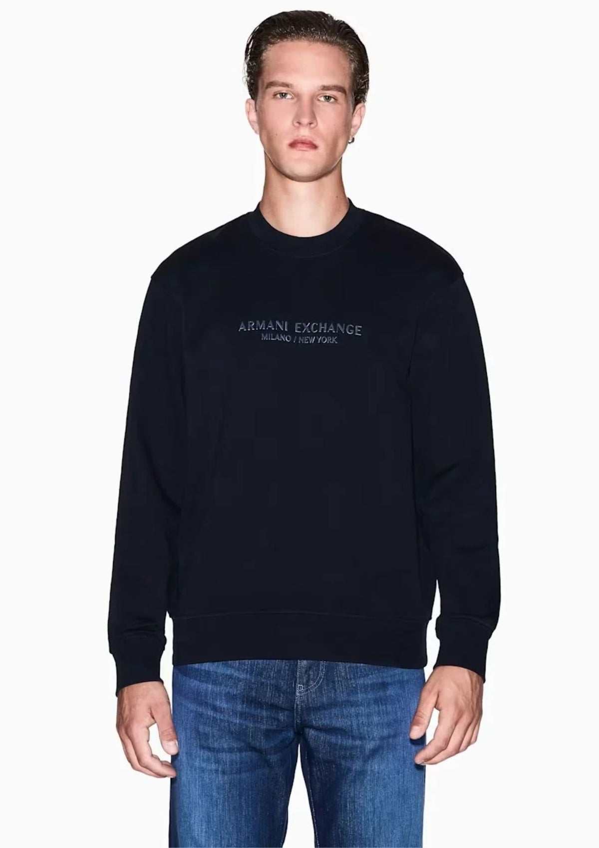 Felpa tinta unita girocollo in cotone con stampa Blu Navy XM001284 AF20934 UB101 ARMANI EXCHANGE