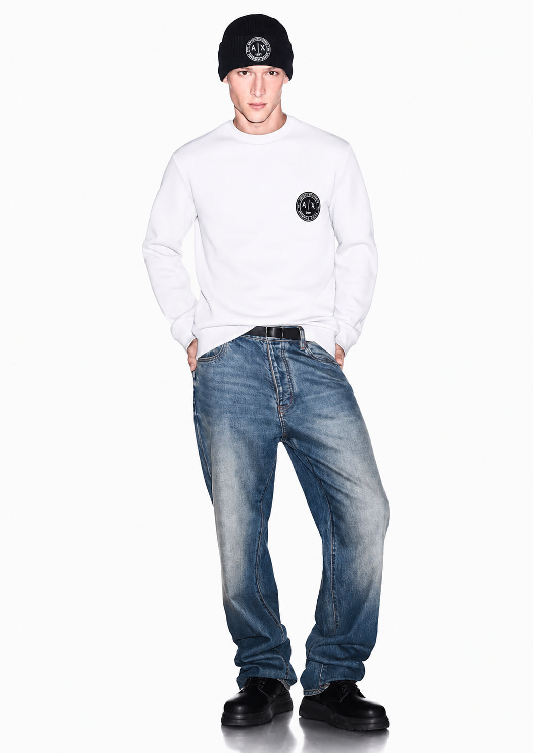 Felpa girocollo in piquet stretch con patch logo circolare Bianca XM002929 AF16222 U0007 ARMANI EXCHANGE