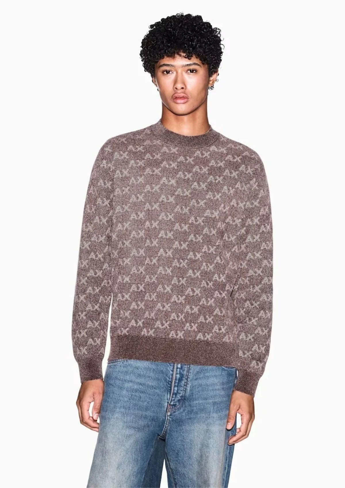 Pullover girocollo con logo all over e bordi a costine Beige Falcon XM002992 AF16916 F6236 ARMANI EXCHANGE