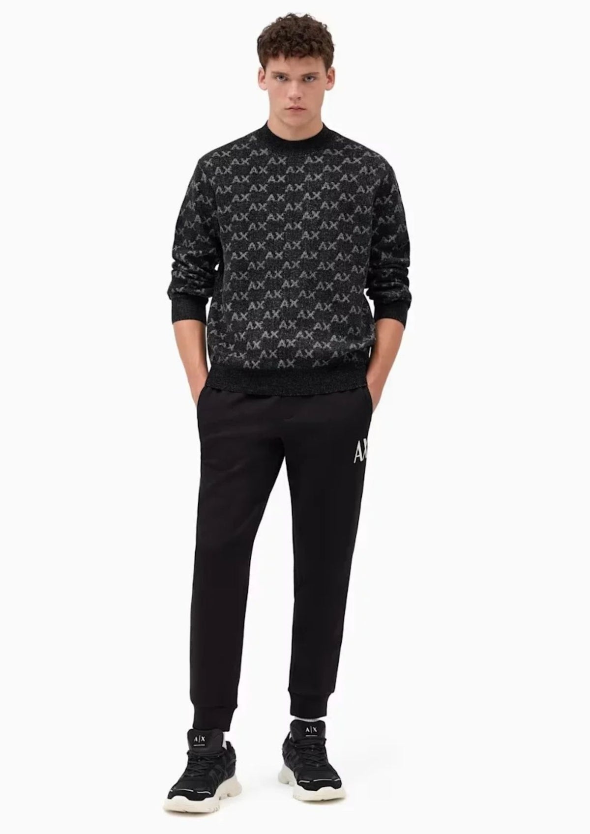 Pullover girocollo con logo all over e bordi a costine Nero XM002992 AF16916 FC356 ARMANI EXCHANGE