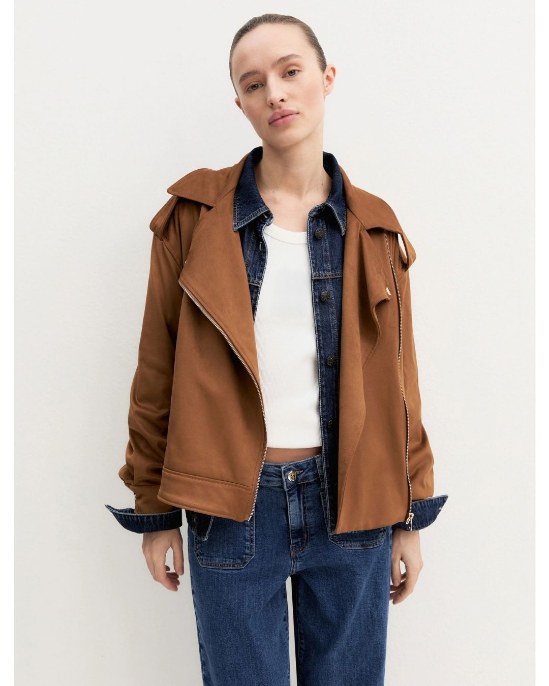 Biker jacket in jersey stretch Cognac 2625916061200 002 EMME MARELLA
