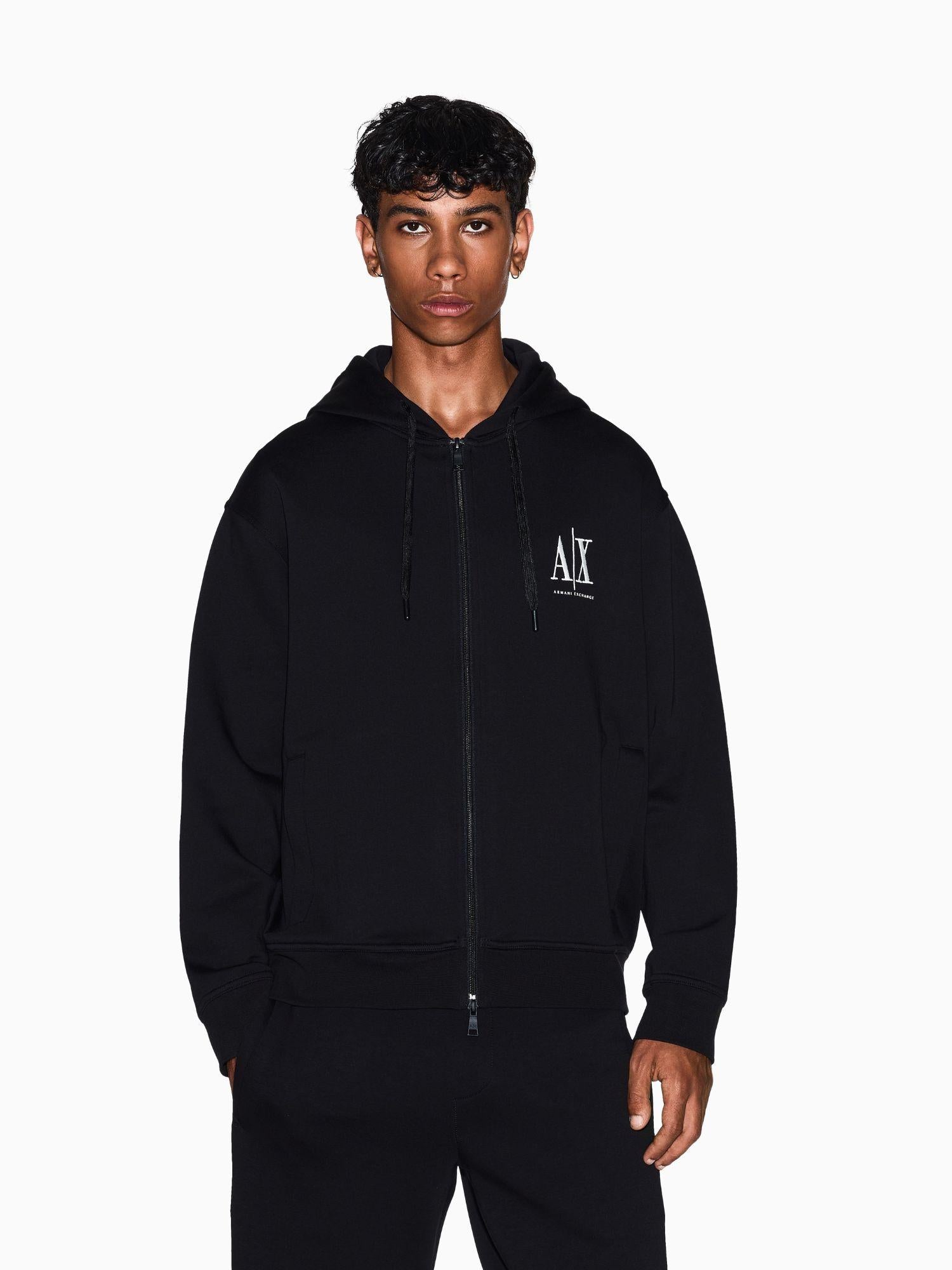 Armani Exchange Felpa con Cappuccio e Zip con Logo Ricamato Uomo Nera XM000371 AF10818 UC001 ARMANI EXCHANGE