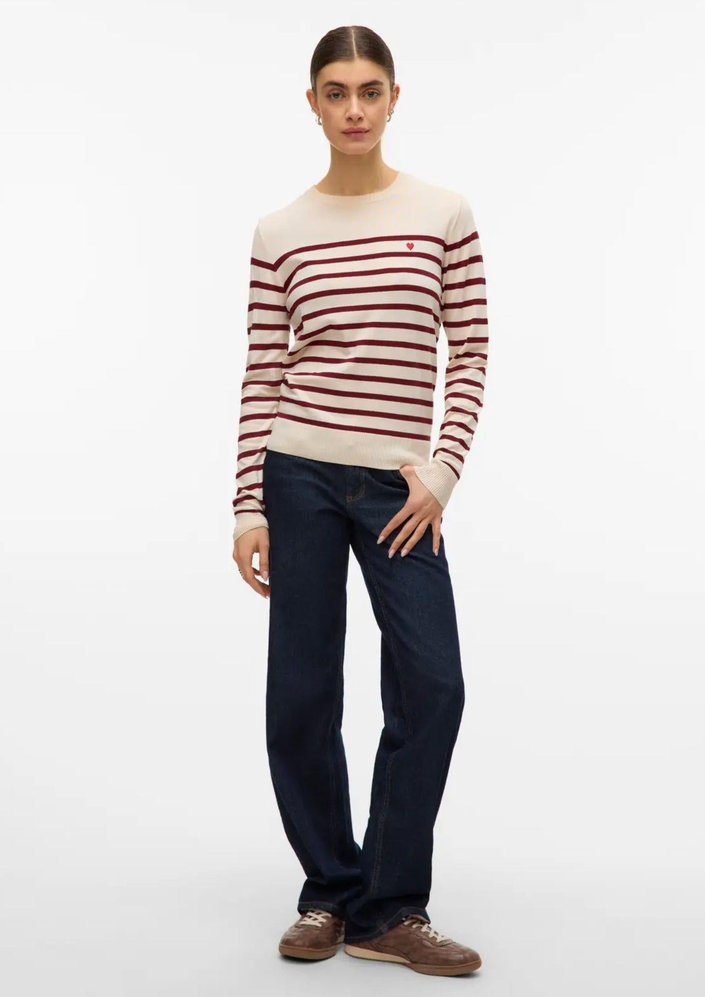 Vero Moda Pullover Donna Dory Beige e Bordeaux 10331420 Birch W. SYRAH STRIPE VERO MODA