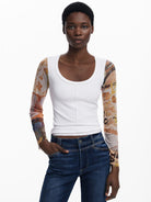 Desigual Maglietta con maniche in chiffon Donna Bianco 25WWTK31 1001 DESIGUAL