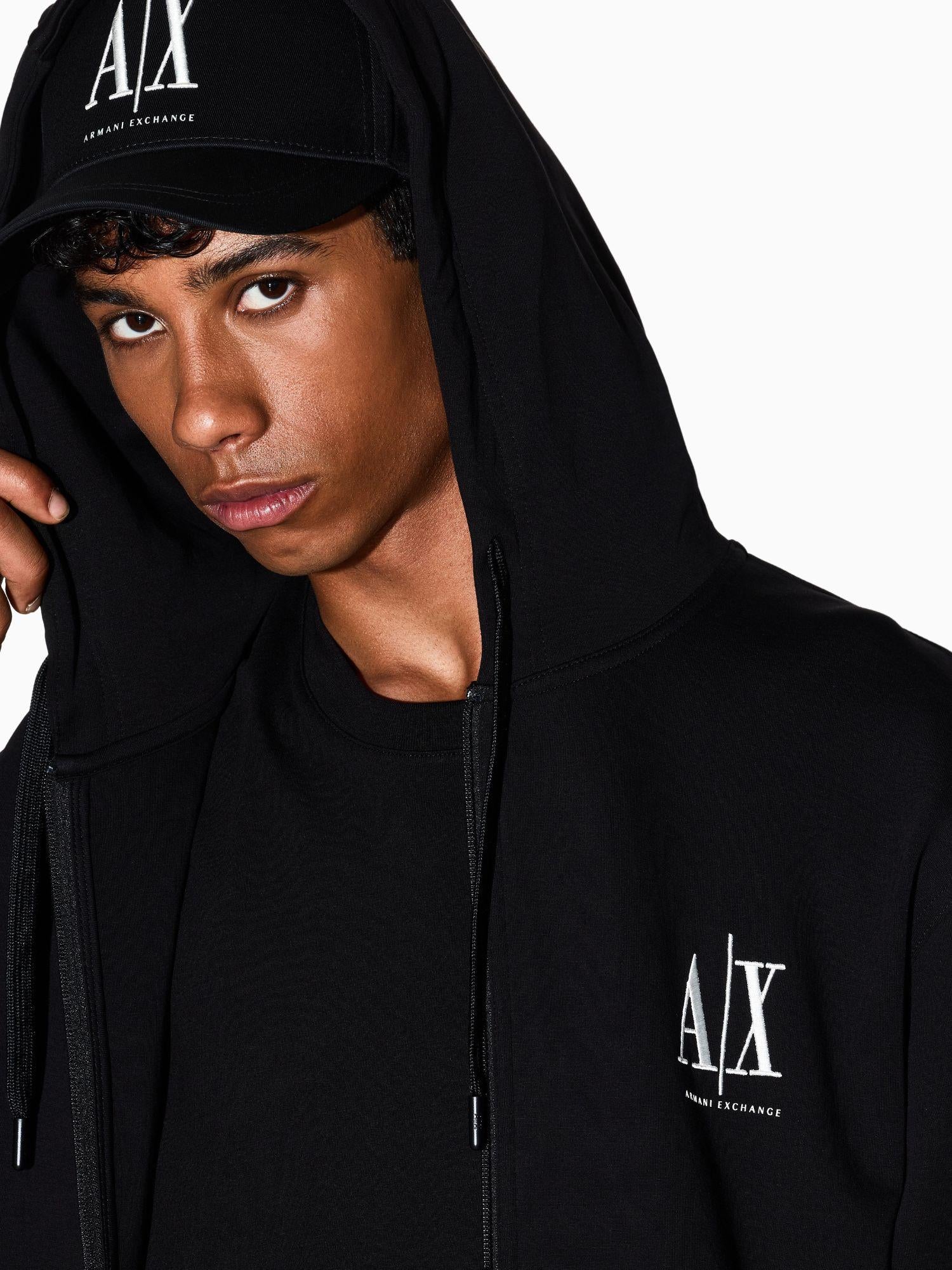 Armani Exchange Felpa con Cappuccio e Zip con Logo Ricamato Uomo Nera XM000371 AF10818 UC001 ARMANI EXCHANGE
