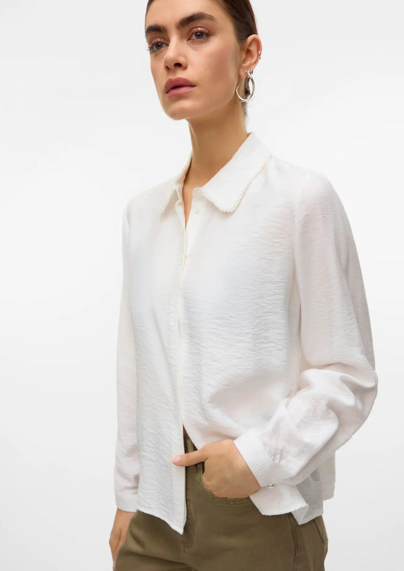 Vero Moda Camicia Donna Falina Bianca 10330306 Snow White PEARL NECKLINE VERO MODA
