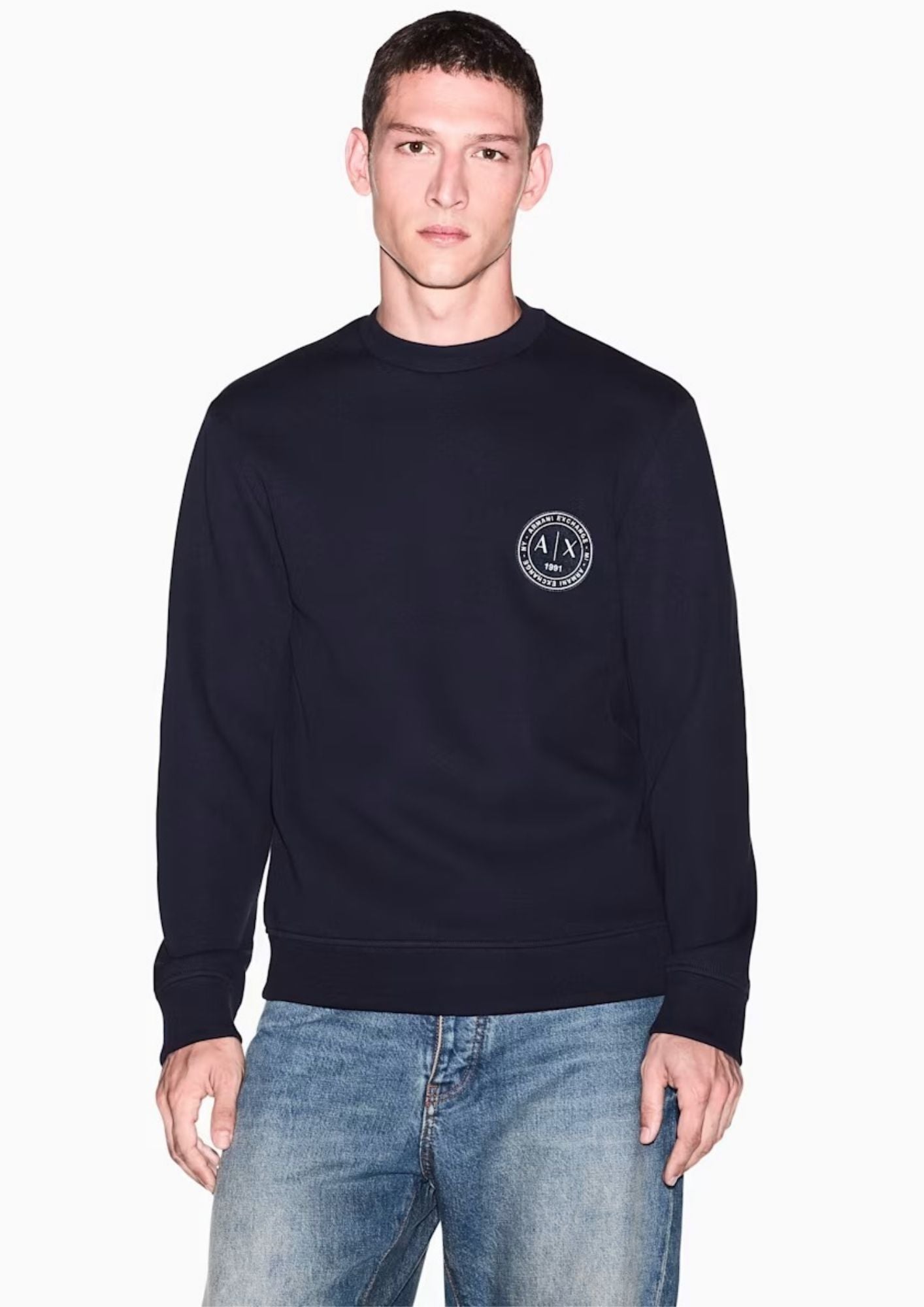 Felpa girocollo in piquet stretch con patch logo circolare Deep Navy XM002929 AF16222 UB101 ARMANI EXCHANGE 