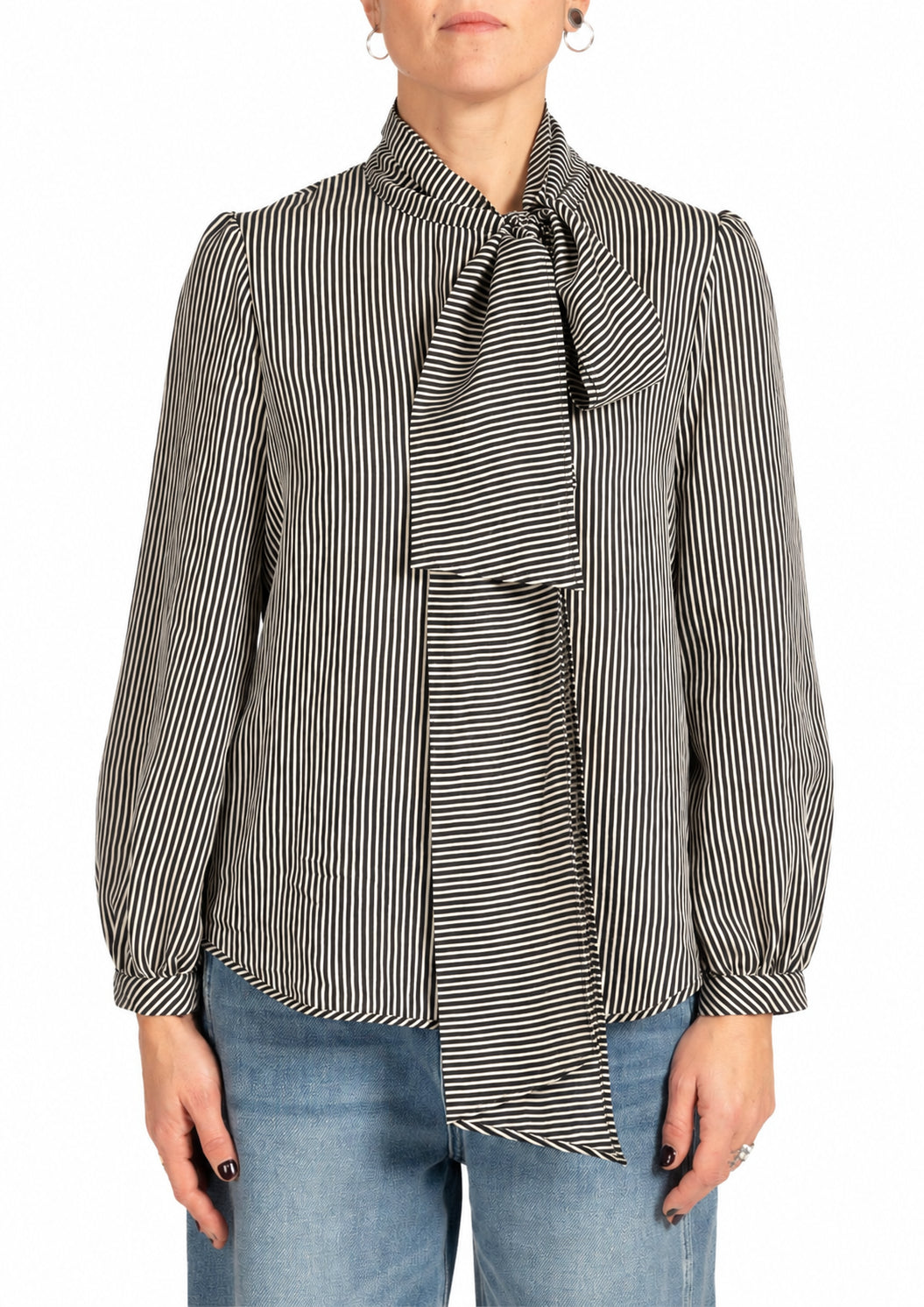 Blusa Donna a Righe con Fiocco al Collo Nero e Crema 2098R003193N 2 DIANA GALLESI 