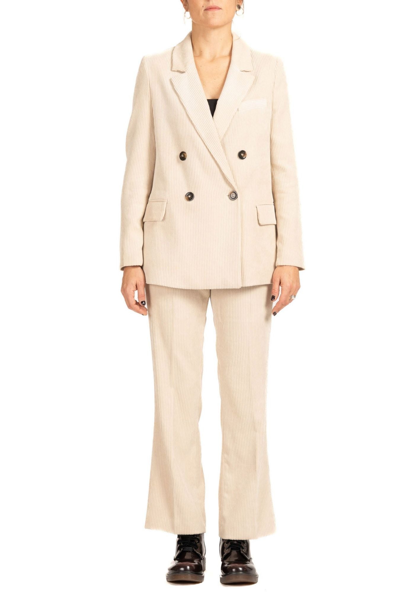 Tailleur Donna in Velluto a Costecon Blazer Doppiopetto e Pantaloni Svasati Beige 6J37R000072N 2 DIANA GALLESI 
