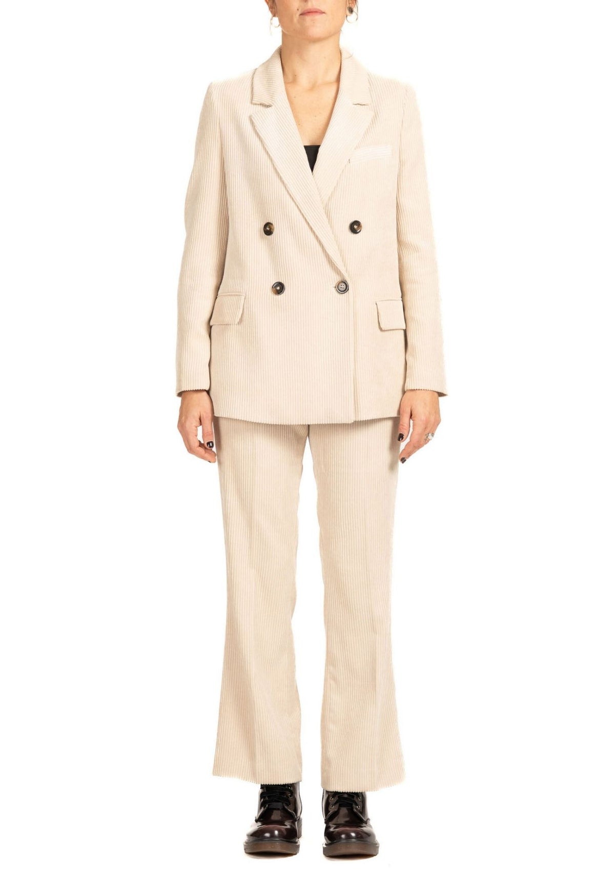 Tailleur Donna in Velluto a Costecon Blazer Doppiopetto e Pantaloni Svasati Beige 6J37R000072N 2 DIANA GALLESI 