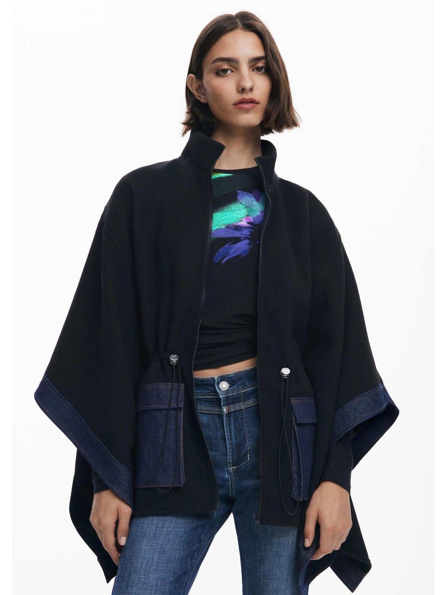 DESIGUAL Desigual Poncho in denim combinato Donna Nero Poncho