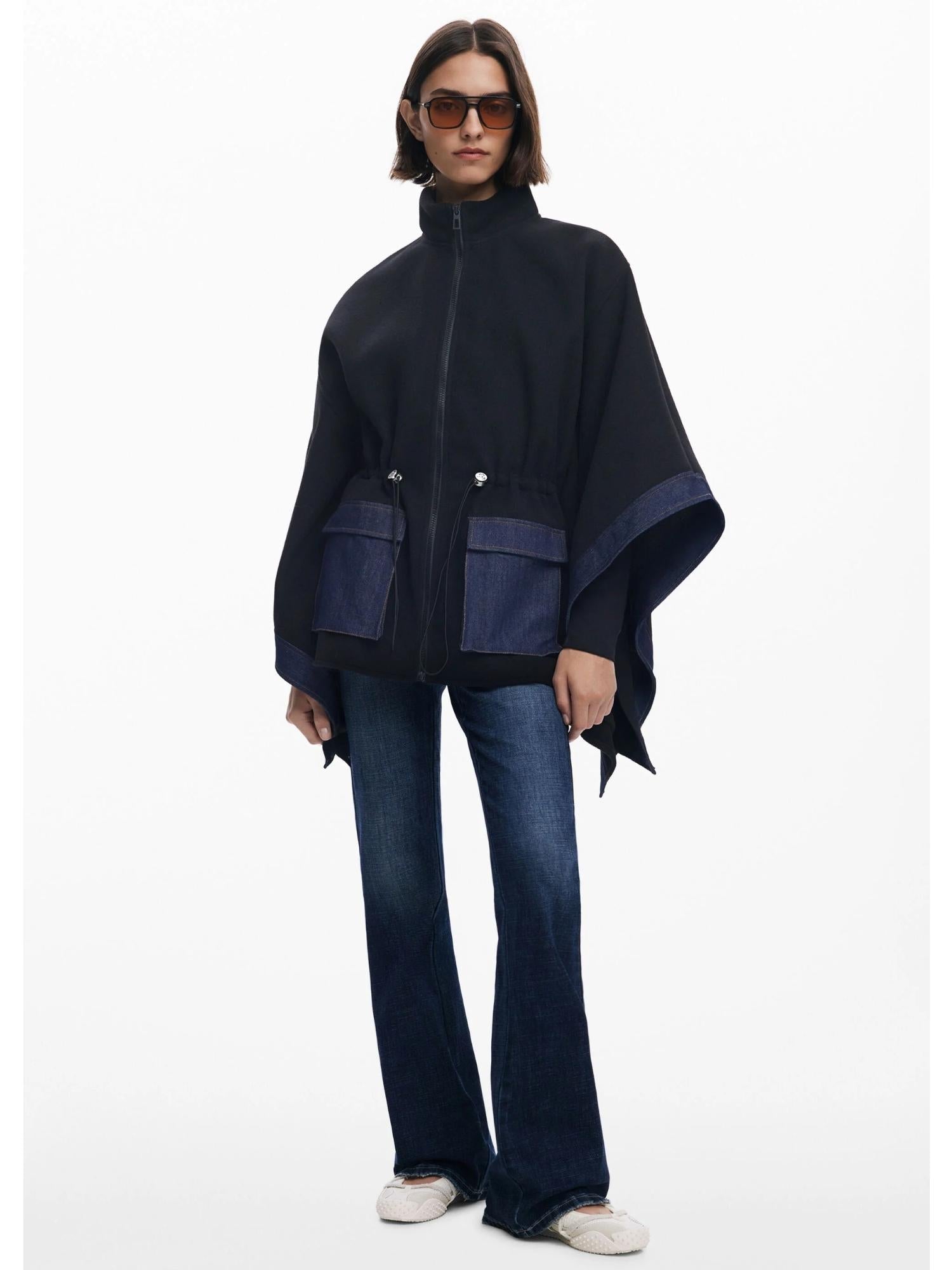 DESIGUAL Desigual Poncho in denim combinato Donna Nero Poncho
