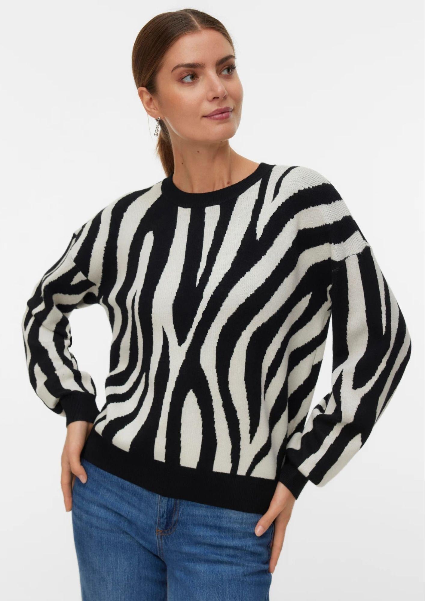 Vero Moda Maglione Donna Siljeanimal Nero Animalier 10330808 Birch W. BLACK VERO MODA 