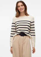 Vero Moda Maglione Donna Saba Bianco Panna A Righe Nere 10309324 Birch BLACK VERO MODA 