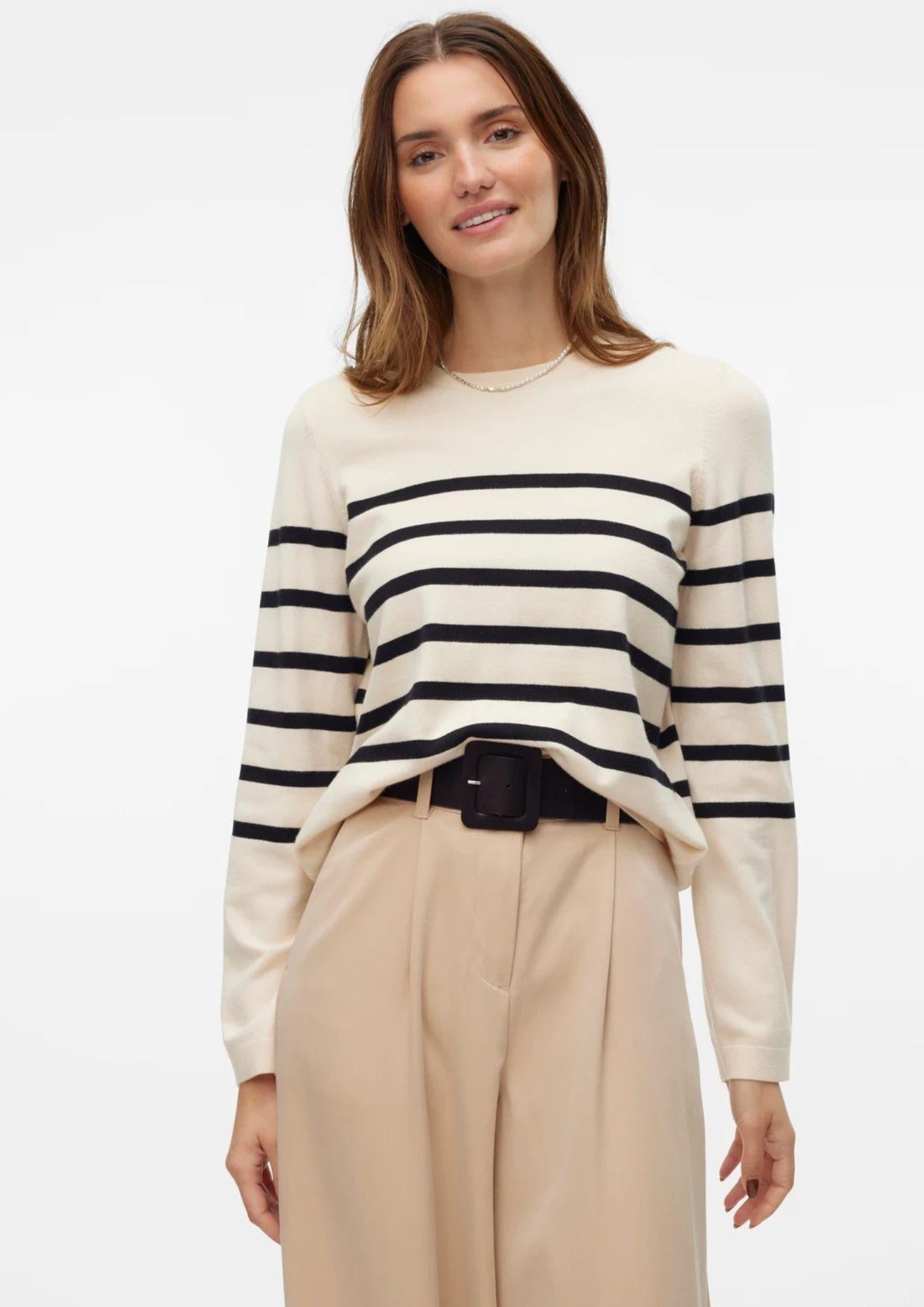 Vero Moda Maglione Donna Saba Bianco Panna A Righe Nere 10309324 Birch BLACK VERO MODA 