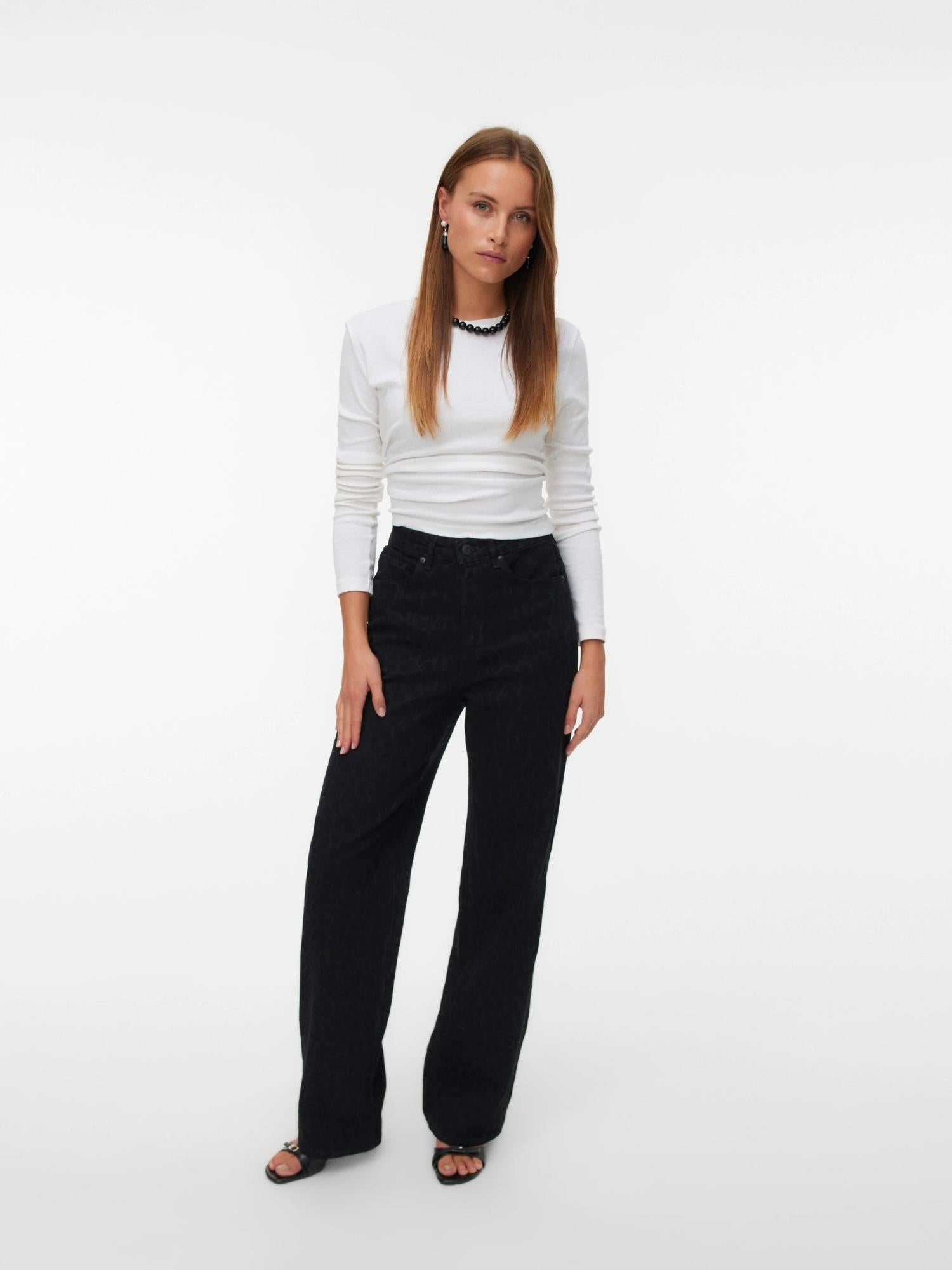 Vero Moda Jeans Donna Tessa A Vita Alta Wide Leg Fit Black Denim Leopard 10336058 Black VERO MODA 