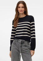 Vero Moda Maglione Donna Saba Nero A Righe Bianche 10309324 Black BIRCH VERO MODA 
