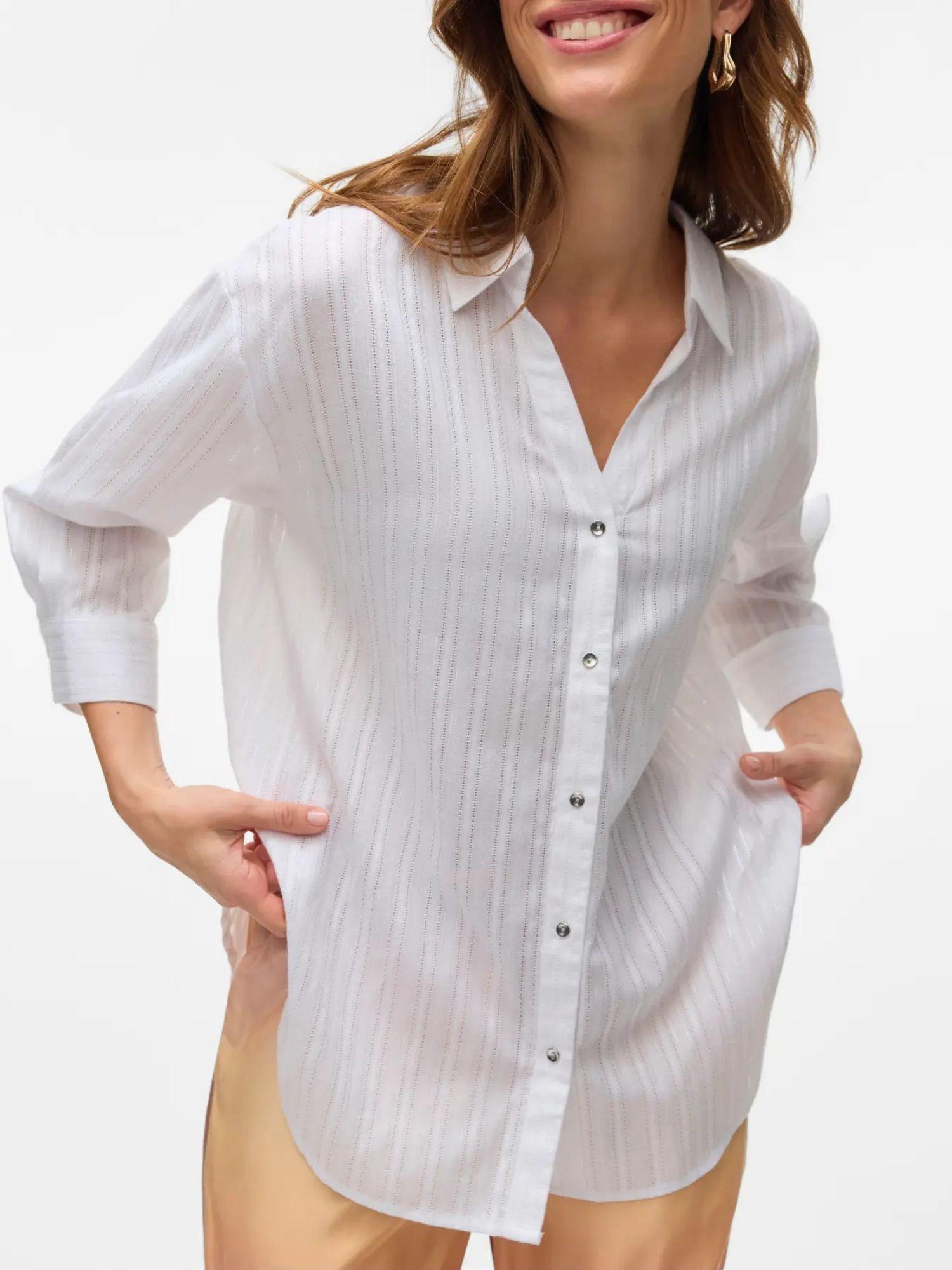 Vero Moda Camicia Donna Olla Maniche 3/4 Bright White Con Filo Lurex Argento 10329382 Bright White VERO MODA 